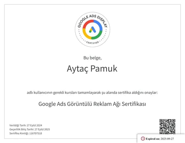 Google Ads Görüntülü Reklam Ağı Sertifikası belgesi