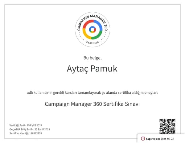 Campaign Manager 360 Sertifika Sınavı belgesi