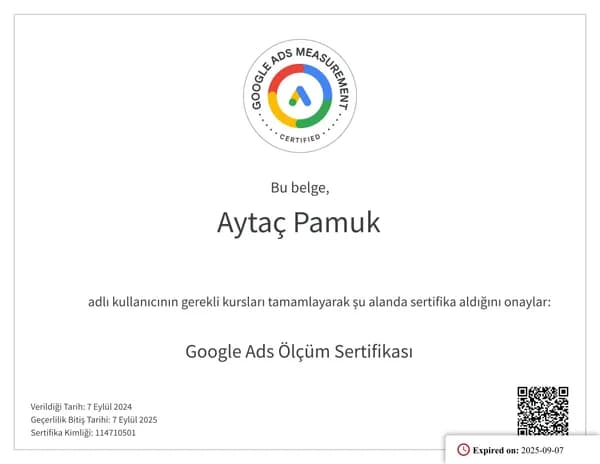 Google Ads Ölçüm Sertifikası belgesi