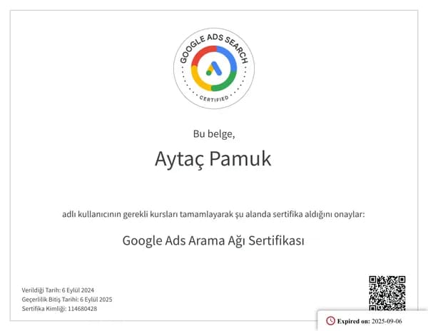 Google Ads Arama Ağı Sertifikası belgesi