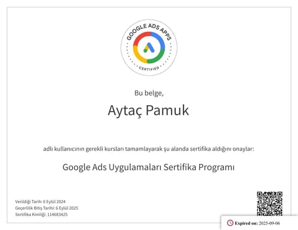 Google Ads Uygulamaları Sertifika Programı belgesi