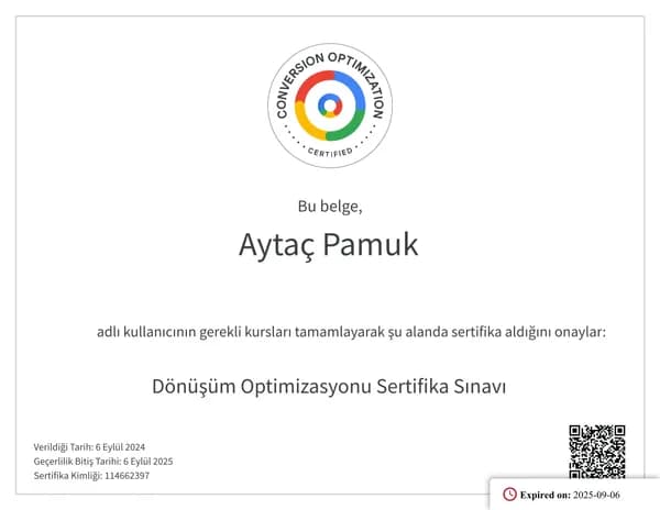 Dönüşüm Optimizasyonu Sertifika Sınavı belgesi