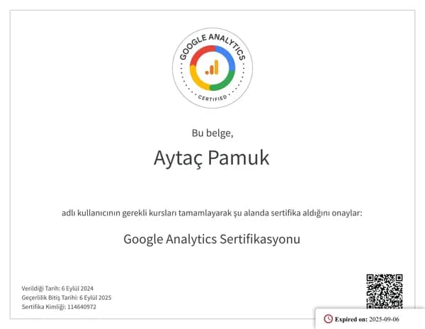 Google Analytics Sertifikasyonu belgesi