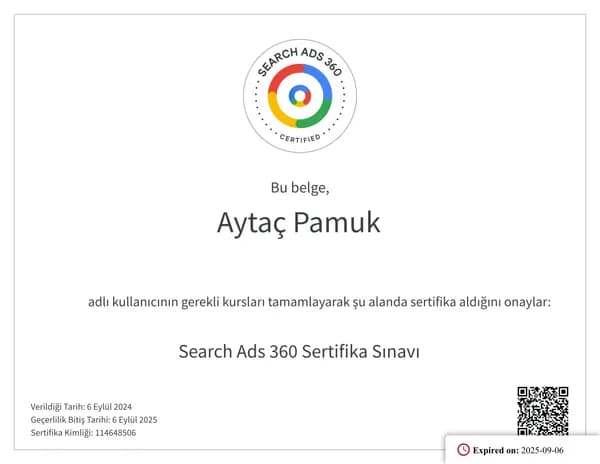 Search Ads 360 Sertifika Sınavı belgesi