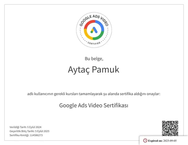 Google Ads Video Sertifikası belgesi