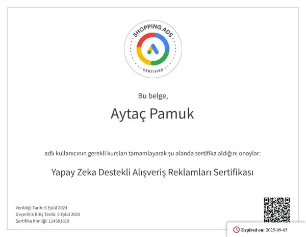 Yapay Zekâ Destekli Alışveriş Reklamları Sertifikası belgesi