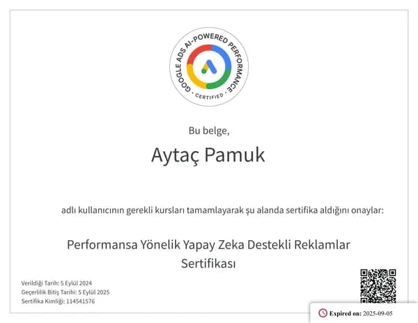 Performansa Yönelik Yapay Zekâ Destekli Reklamlar Sertifikası belgesi
