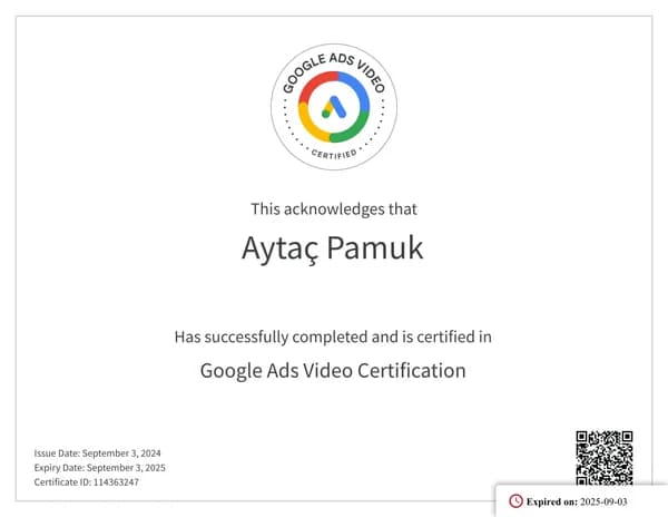 Google Ads Video Certification belgesi